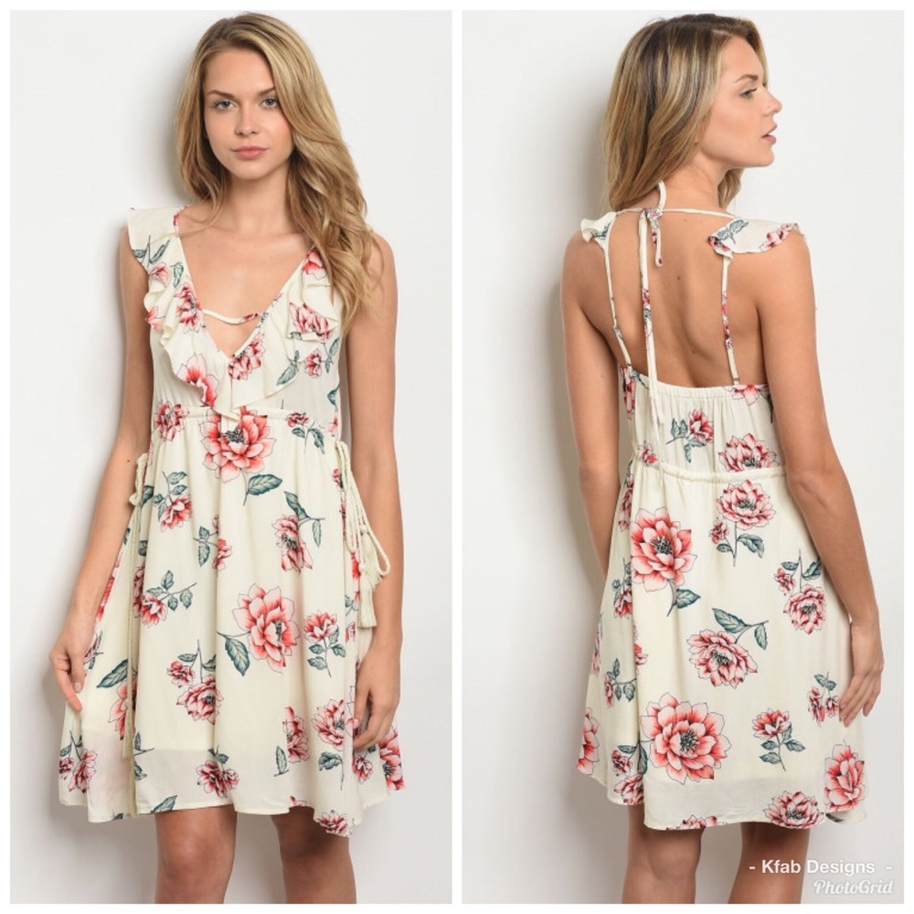 LAST 1! 🥰Ivory Floral Tunic Dress with Back Tie - Picture 4 of 5